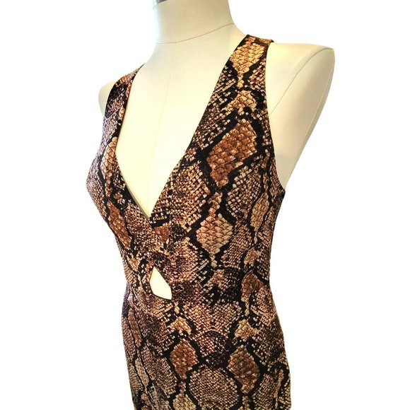 Bebe x Naven Dress Brown Black Faux Snakeskin Bodycon Deep V Mini Size 8 VR607 - Picture 3 of 11